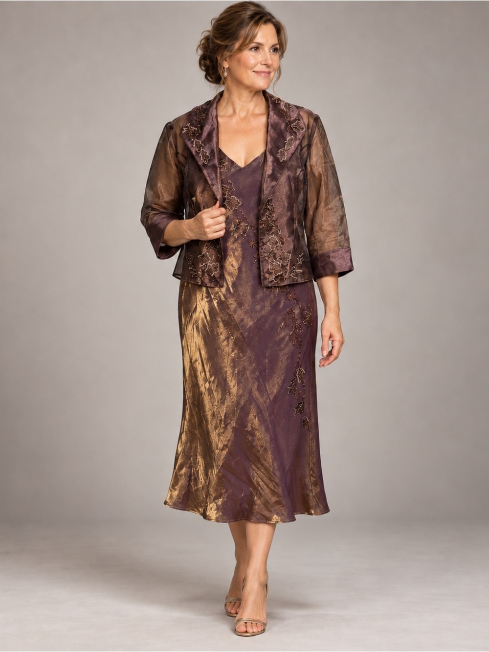 Vintage leaf beaded leaf dress jacket set iridescent purple gold MOB midi